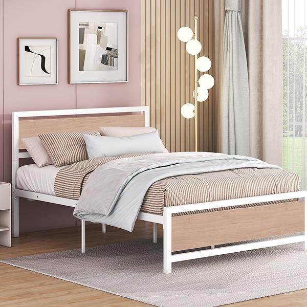 Full Size Platform Bed, Metal and Wood Bed Frame with Headboard and Footboard , White