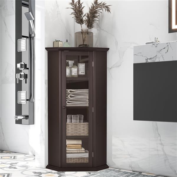 Freestanding Bathroom Cabinet with Glass Door, Corner Storage Cabinet for Bathroom, Living Room and Kitchen, MDF Board with Painted Finish, Brown