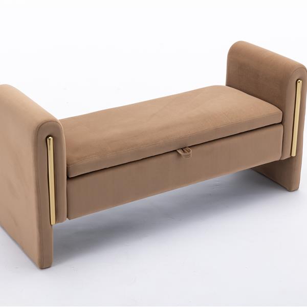 032-Velvet Fabric Storage Bench Bedroom Bench With Gold Metal Trim Strip For Living Room Bedroom Indoor,Coffee