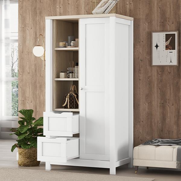 Bedroom Storage Wardrobe with Hanging Rods and 2 Drawers and Open Shelves,Sliding Door,White