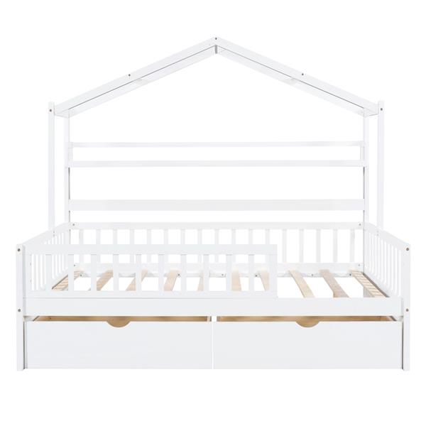 Wooden Full Size House Bed with 2 Drawers,Kids Bed with Storage Shelf, White