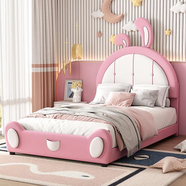 Twin Size Upholstered Platform Bed with Rabbit Shaped Headboard, Pink