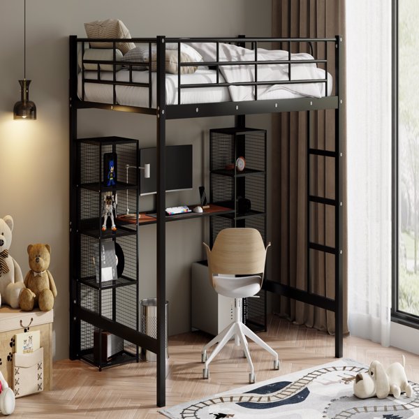 Full Size Metal Loft Bed with Built-in Desk and Shelves, Black+Brown