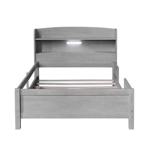 Wood Twin Size Platform Bed with Built-in LED Light, Storage Headboard and Guardrail, Antique Grey