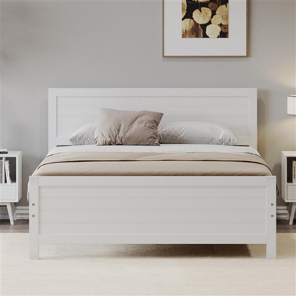 Wood Platform Bed Frame with Headboard, Mattress Foundation with Wood Slat Support, No Box Spring Needed, King Size, White