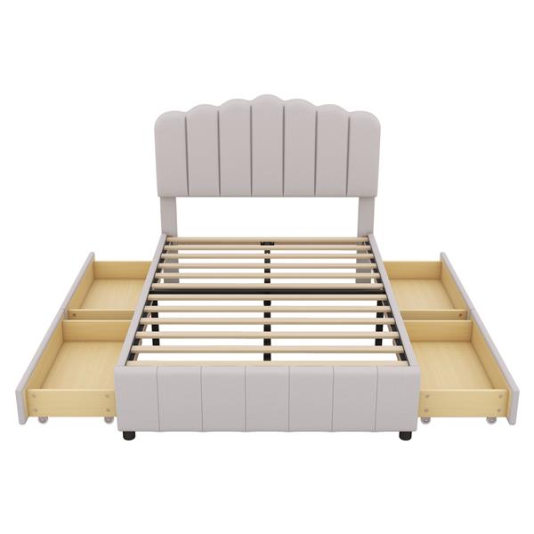 Full Size Upholstered Bed with 4 Storage Drawers,Wood Slat Support, Beige