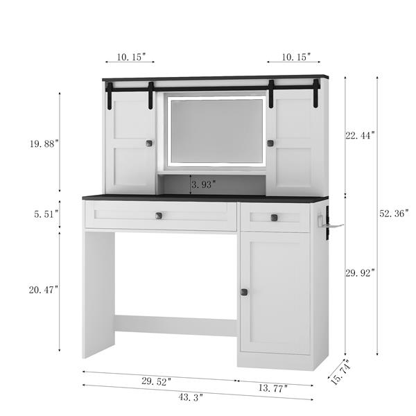 Farmhouse Dressing Table Makeup Table, 43" Wide Dressing Table with Lighted Mirror and Makeup Drawer, Large Modern Dressing Table Set with Hair Dryer Holder for Bedroom, White