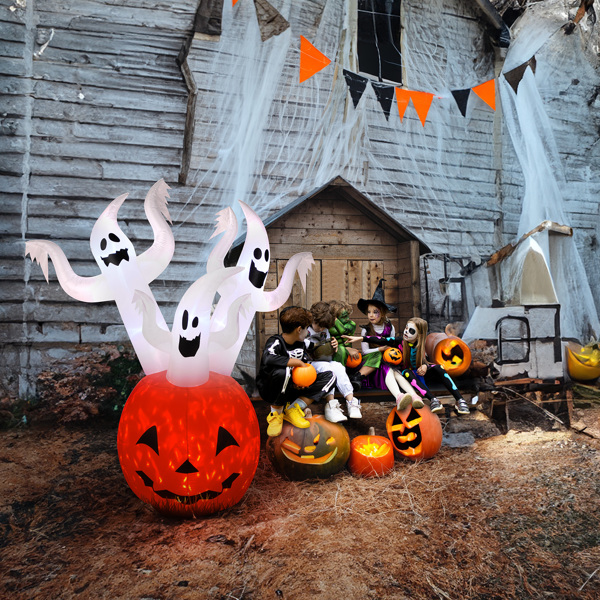 5.9 FT Halloween Inflatable Pumpkin Ghost Outdoor Decorations, Scary Blow up Yard Decor with Built-in LED Lights for Holiday Party Yard Lawn Garden Decor Indoor Outdoor