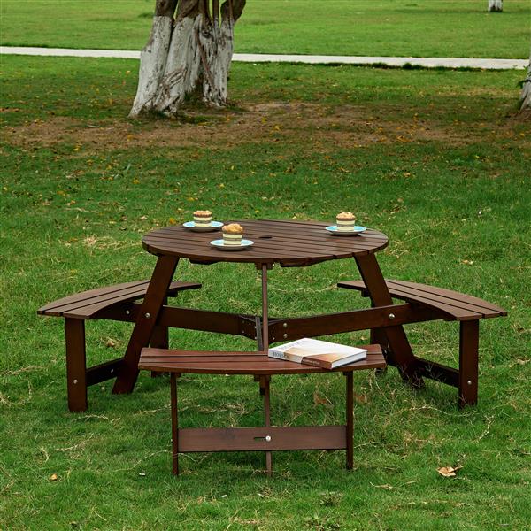 Outdoor 6 Person Picnic Table, 6 person Round Picnic Table with 3 Built-in Benches, Umbrella Hole, Outside Table and Bench Set for Garden, Backyard, Porch, Patio, Brown