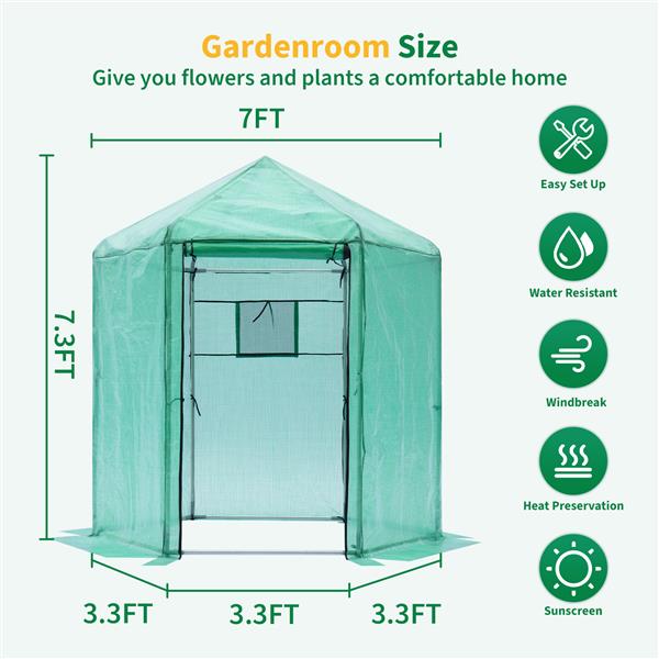 Walk-in Greenhouse Hexanal Upgrade Reinforced Frame Heavy Duty Plastic Greenhouse Reinforced Thickened Waterproof Insulation(6.9*7.5 ft)