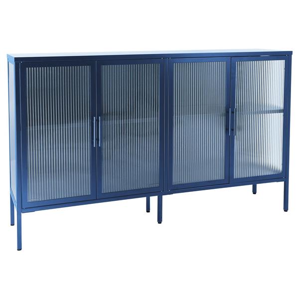 Stylish 4-Door Tempered Glass Cabinet with 4 Glass Doors Adjustable Shelf and Feet Anti-Tip Dust-free Fluted Glass Kitchen Credenza Blue