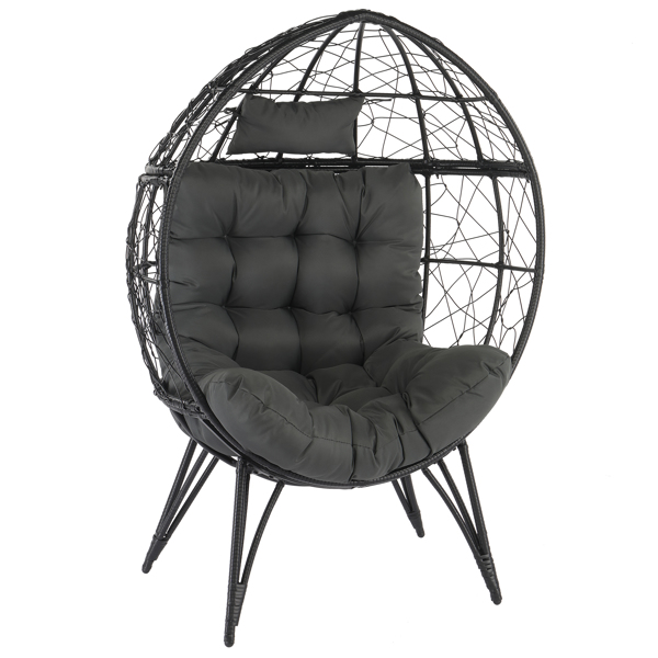 Wicker Egg Chair, Oversized Indoor Outdoor Lounger with Soft Cushions, Teardrop Cuddle Seat for Patio Porch Backyard Living Room Balcony, Black Rattan & Grey Cushion