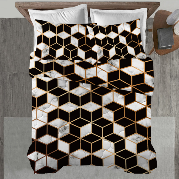 3PCS Comforter Geometric Cube Bedding Set Queen Size Black White Gold Reversible