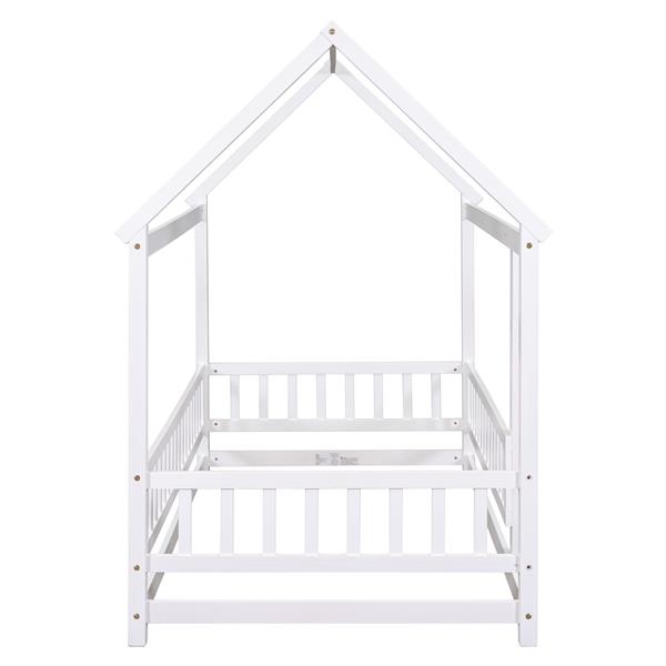 Twin Size Floor Wooden Bed with House Roof Frame, Fence Guardrails,White