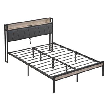 Queen  Size  Metal Platform Bed Frame with upholstery storage function Headboard   and USB LINER  and Footboard  , No Box Spring Needed, Large Under Bed Storage, Easy Assemble