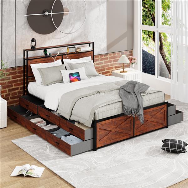 Queen Bed Frame with Storage Headboard and 12 Drawers LED Lights, Metal Platform Non-Slip Without Noise Mattress Foundation Strong Metal Slats Support,No Box Spring Needed