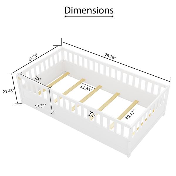 Twin Size Floor bed, integral construction with super high security barrier, door, children's floor bed frame, Montessori wooden children's floor bed, Support slat white