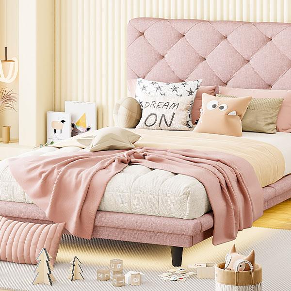 Twin Size Upholstered Bed with Light Stripe, Floating Platform Bed, Linen Fabric,Pink