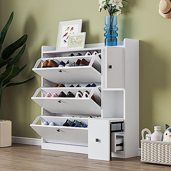 Versatile Shoe Cabinet with 3 Flip Drawers, Maximum Storage Entryway Organizer with Drawer, Free Standing Shoe Rack with Pull-down Seat for Hallway, White