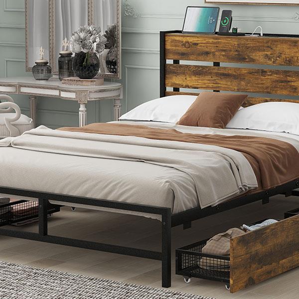 Metal Platform Bed With Four drawers, Sockets and USB Ports, Full, Black