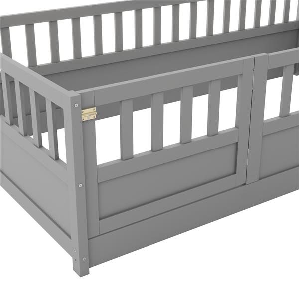 Twin Size Floor bed, integral construction with super high security barrier, door, children's floor bed frame, Montessori wooden children's floor bed,  Grey