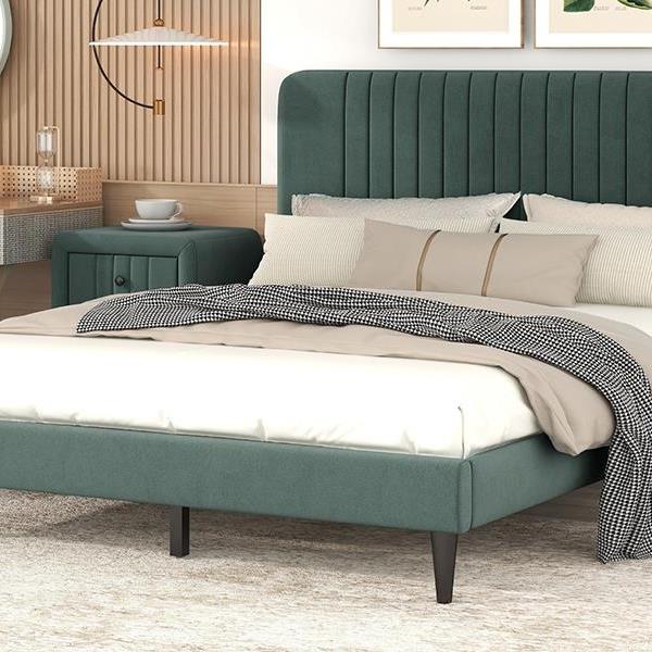 Queen Size Upholstered Platform Bed,No Box Spring Needed, Velvet Fabric,Green