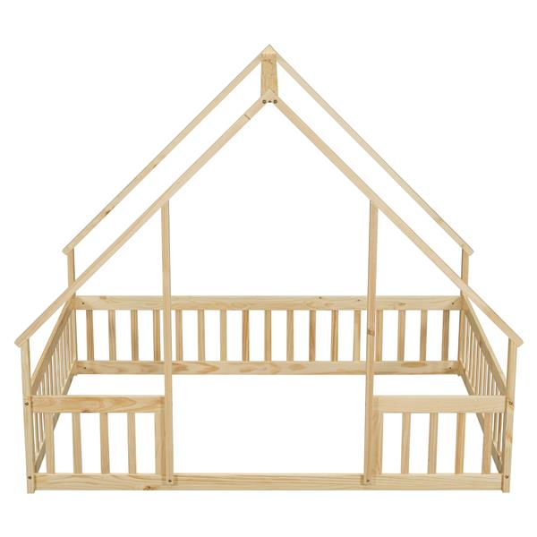 Full Wood House-Shaped Floor Bed with Fence, Guardrails,Natural