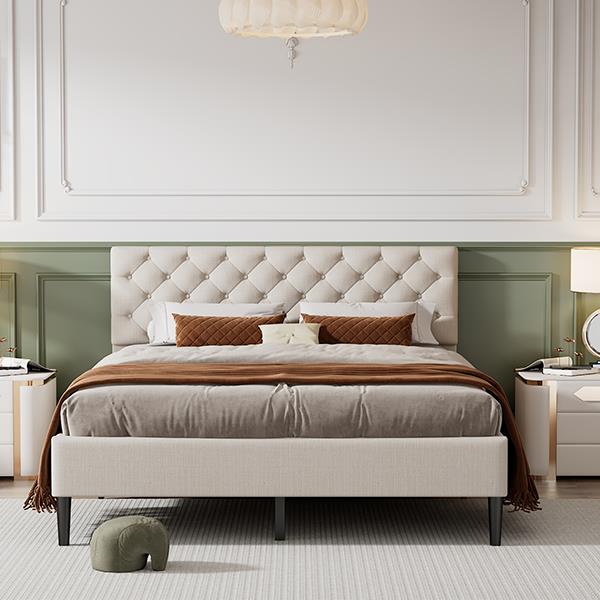 Upholstered Linen Platform Bed, Queen Size, Beige