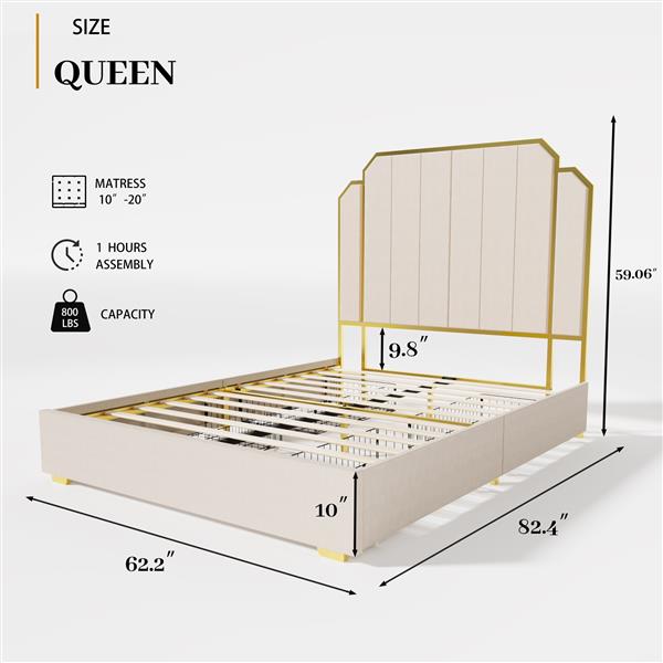 Queen Size Bed Frame and 59.06" Headboard, Upholstered Bed with lden Plating Trim, Modern Platform Bed No Box Spring Needed, Cream