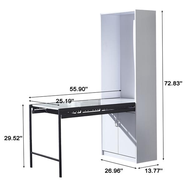 Large Fold-Out Convertible Writing Table in Home for Space Saving, Multi-Function Home Office Workstation, Murphy Desk with Large Storage Area,White