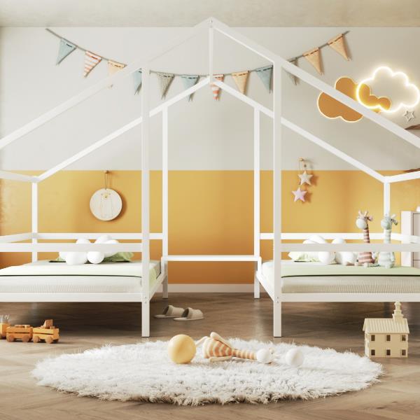 Metal Double Twin Size Triangular House Beds with Built-in Table, White