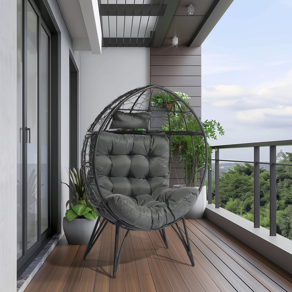 Wicker Egg Chair, Oversized Indoor Outdoor Lounger with Soft Cushions, Teardrop Cuddle Seat for Patio Porch Backyard Living Room Balcony, Black Rattan & Grey Cushion