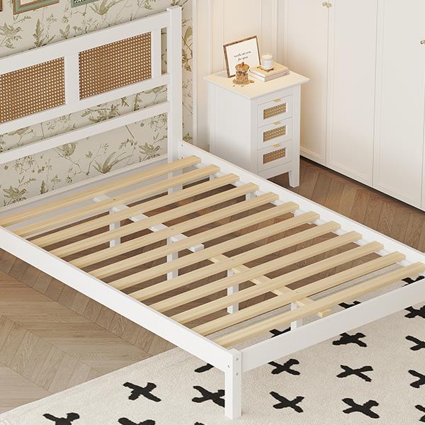 Full Size Wooden Platform Bed with Natural Rattan Headboard, Exquisite Elegance with Minimalist Charm for Bedroom, White