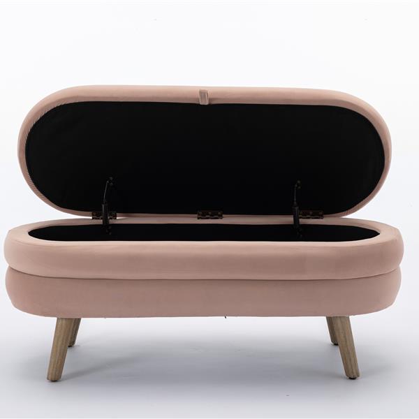 036-Velvet Fabric Storage Bench Bedroom Bench With Wood Legs For Living Room Bedroom Indoor,Light Pink