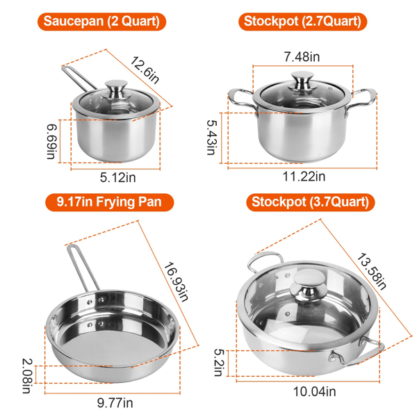  Stainless Steel Cookware Set Fast Even Heat Induction Pots Pans Set Dishwasher Safe with 2.7/3.7 Quart Stockpot 2 Quart Saucepan 9.17in Frying Pan（No shipments on weekends）