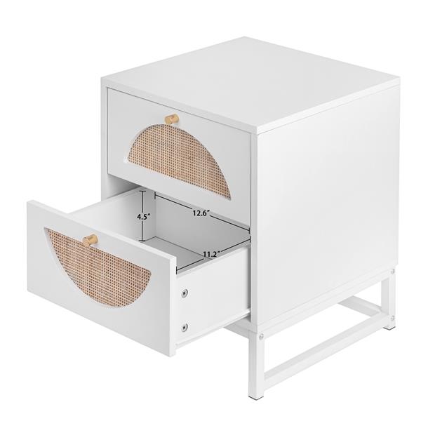 2 Drawer Nightstand Set of 2, White, Natural Rattan, Display Rack for Bedroom and Living Room