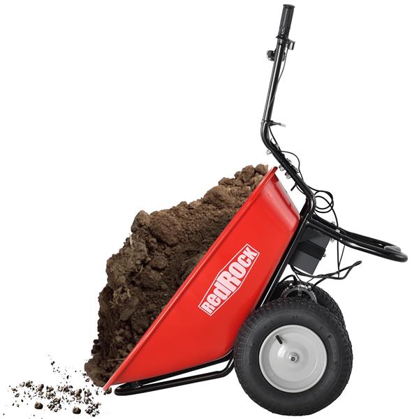 RedRock Wheelbarrow Utility Cart Electric Powered 24V DC 180W AGM Battery 330lbs (150kgs) Max Capacity Barrel Dump Material Debris Hauler