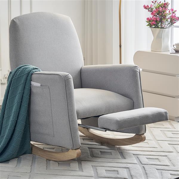 044-Cotton Linen Fabric Nursery Rocking Chair With Adjustable Footrest,Light Gray