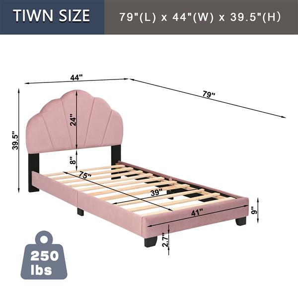 Upholstered Twin Size Platform Bed for Kids, Wooden Bed Frame with Slatted Bed Base, No Box Spring Needed, Cute Bed Frame with Shell Design Headboard for Girls Boys Teens, Pink