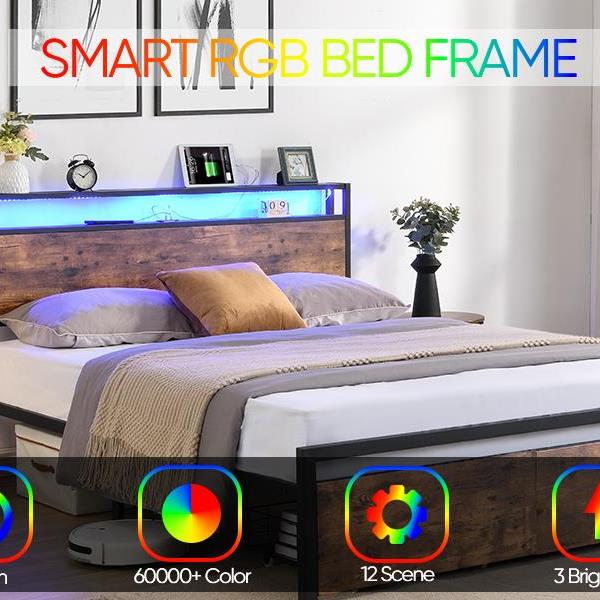 Full Size Bed Frame with Storage Headboard and 2 Drawers, LED Lights Bed with Charging Station, Metal Platform Bed No Noise, Mattress Foundation Strong Metal Slats Support No Box Spring Needed