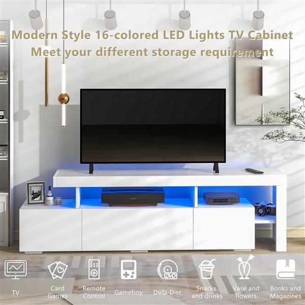 Modern Style 16-colored LED Lights TV Cabinet,  UV High Gloss Surface Entertainment Center with DVD Shelf,
Up to 70 inch TV, White