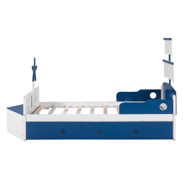 Twin Size Boat-Shaped Platform Bed with Twin size Trundle,Twin Bed with Storage for Bedroom,Blue