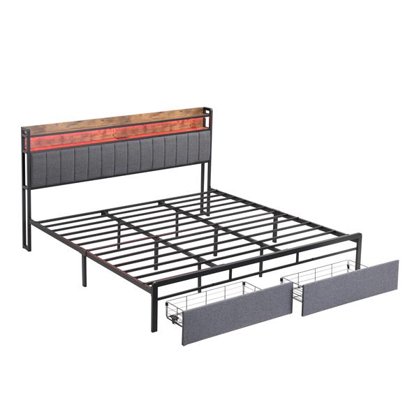 King Bed Frames with Storage Headboard and Drawers, LED Platform Bed Frame King Size, LED Upholstered Bed Frame with Charging Station, No Box Spring Needed, Easy Assembly, Grey