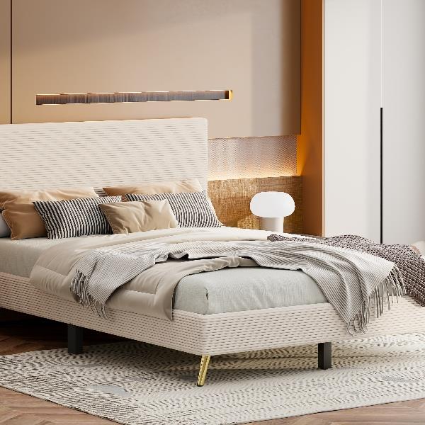 Queen Size Corduroy Upholstered Bed Frame, Platform Bed with Horizontal Stripe Headboard, No Box Spring Needed, Beige