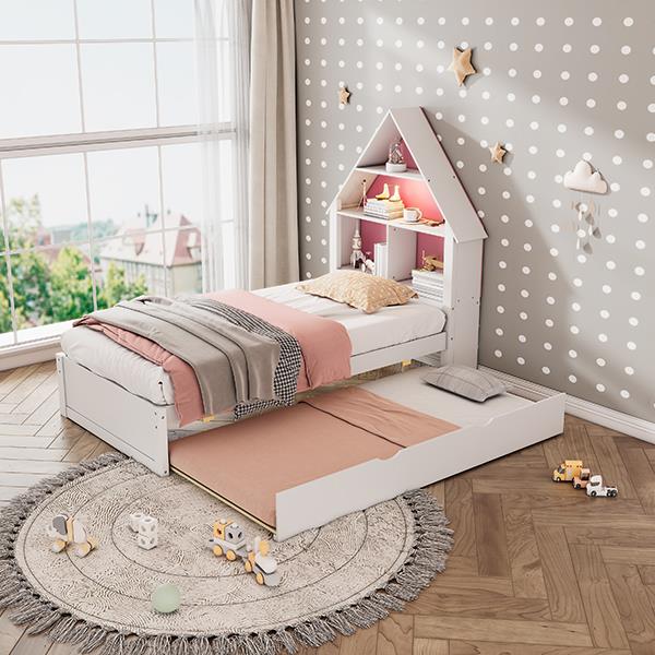 Twin Size House-Shaped Bed with Bookcase Headboard and Led Light and Twin Size Trundle for Kids Boys Girls, Pink+ White