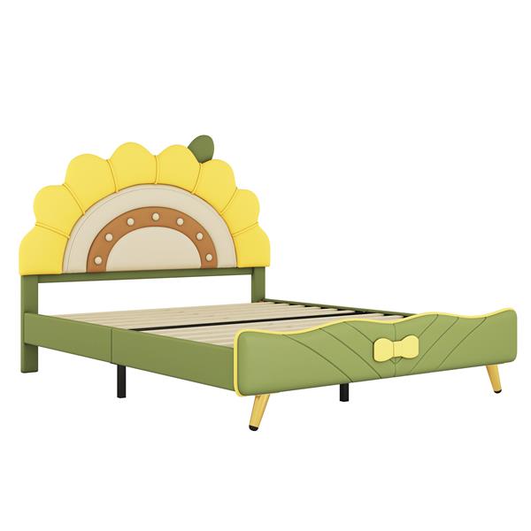 Full Size Upholstered Platform Bed with Sunflower Shaped Headboard, Green