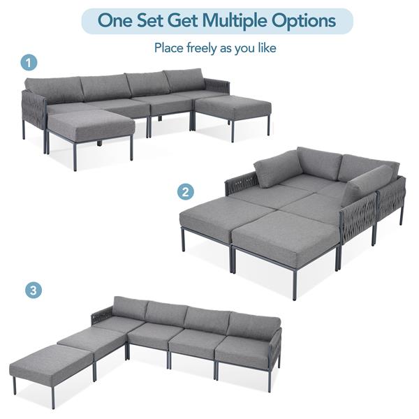 6-Pieces Aluminum Patio Furniture Set, Modern Metal Outdoor Conversation Set Sectional Sofa With Removable Olefin Extra Thick Cushions 5.9" Cushion, Grey