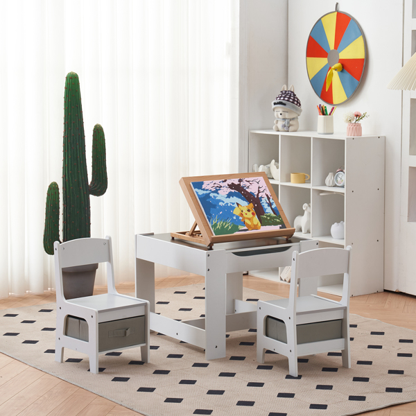 Children's Wooden Table And Chair Set With Two Storage Bags (One Table And Two Chairs) Grey And White