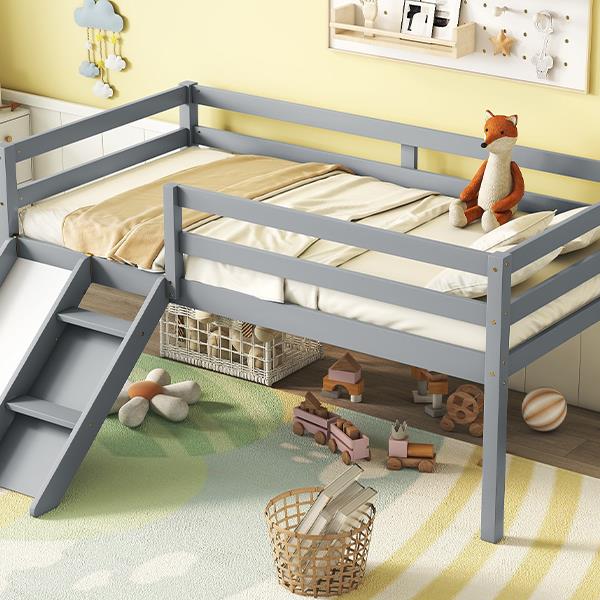 Twin Low Loft Bed with Slide,  Ladder, Safety Guardrails, No Box Spring Needed,Grey