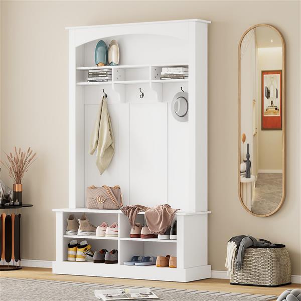 47.2'' Wide Hall Tree with Bench and Shoe Storage, Multi-functional Storage Bench with 3 Hanging Hooks & Open Storage Space, Rectangle Storage & Shelves Coat Rack for Hallway, White